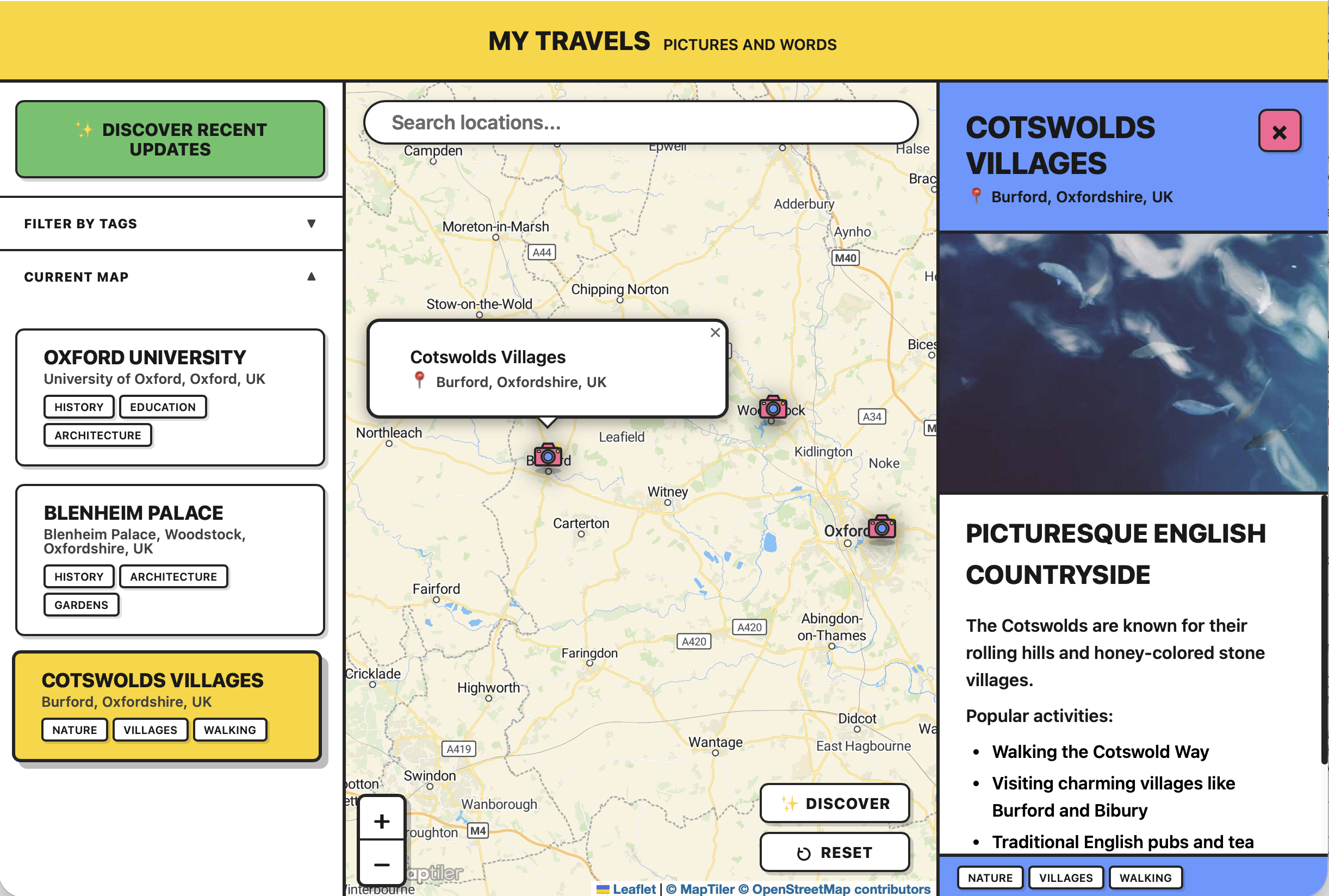 desktop sized view of a web app showing places with photos