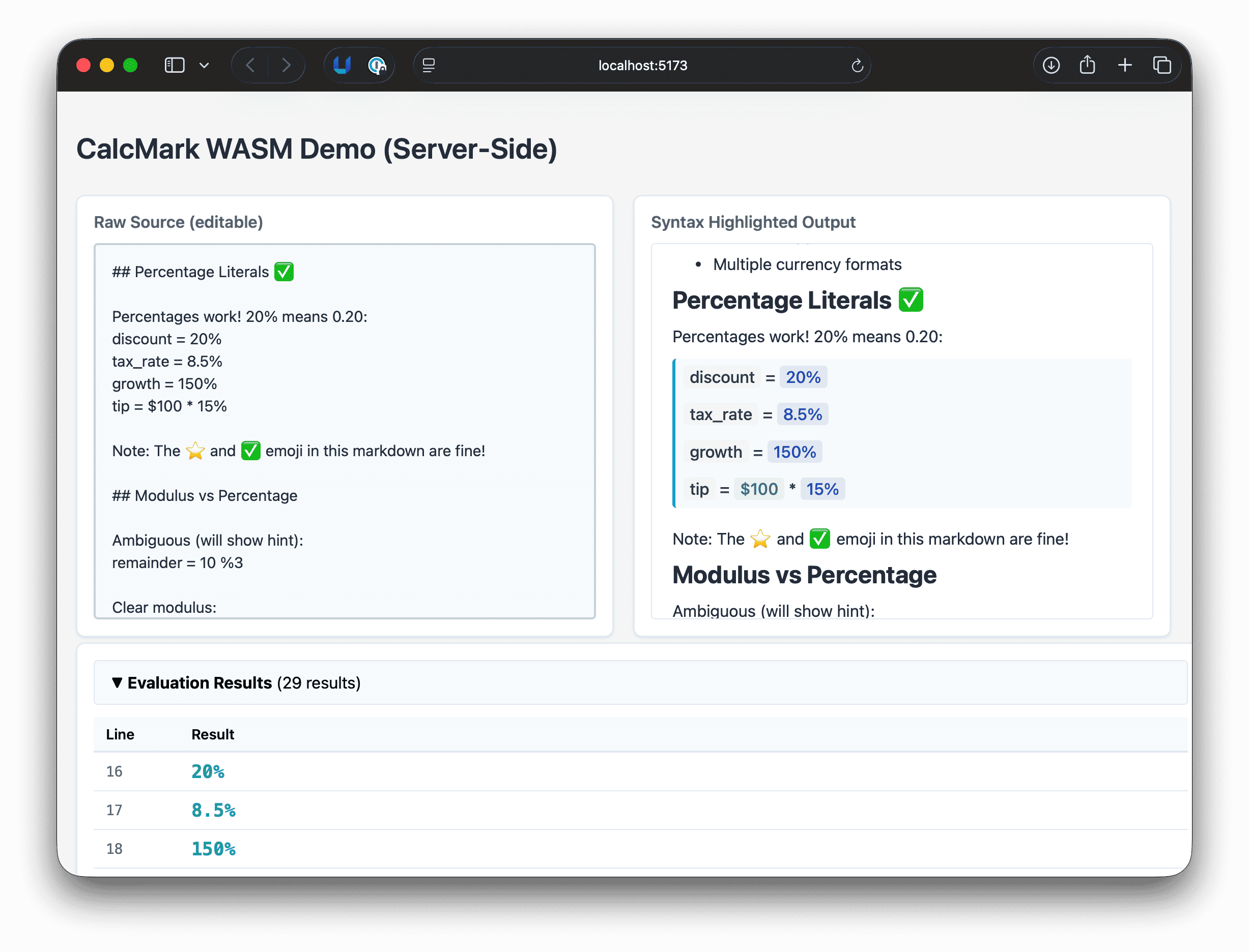 A web application showing a syntax highlighted calculator using a little language I wrote