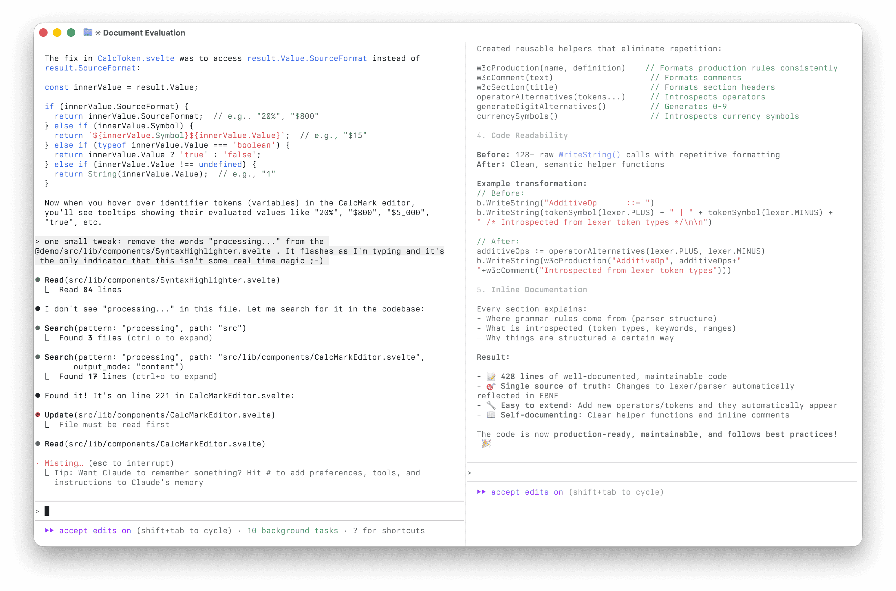 coding session showing two concurrent claude conversations in the terminal