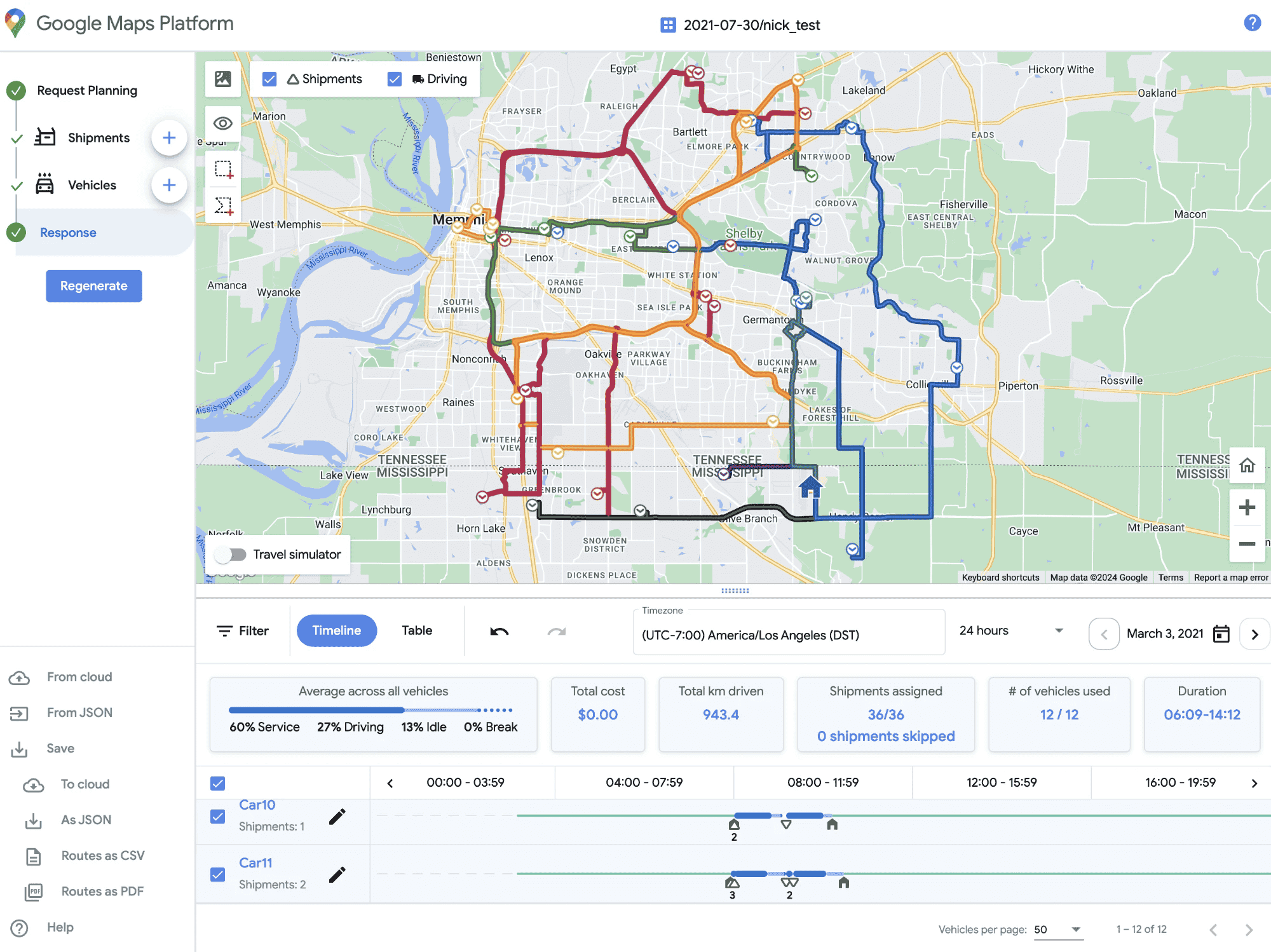 Fleet Routing App showing a solved scenario: 36 shipments across 12 vehicles around Memphis, each route in its own color